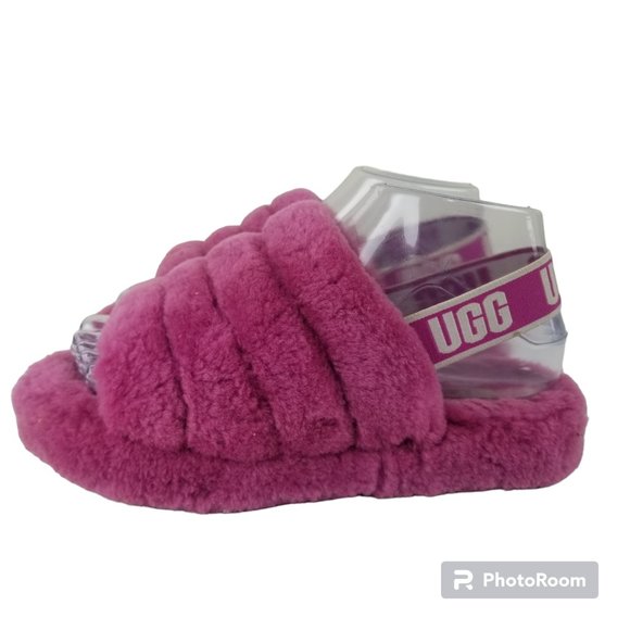 UGG Other - UGG Fluff Yeah Little Girls Sz 3 Pink Open Toe Slippers Slide Heel Strap Logo